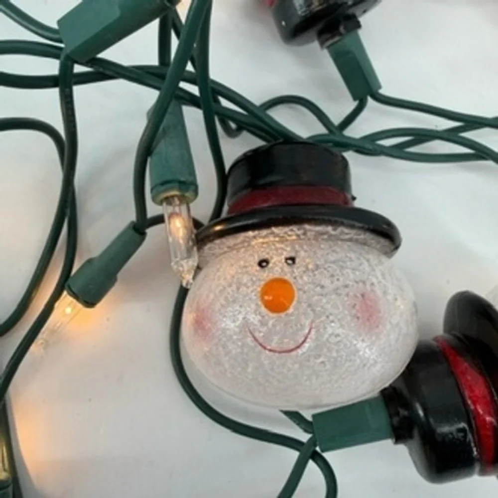 Christmas Snowman String Lights Frosted Head Covers Black Top Hat Green Wire